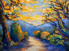Oil Painting Landscape Sunset Trees Mountains Road Original Framed by Donalee