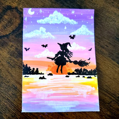 ACEO Original Art Card, Flying Witch on a Broom in the Sunset, OOAK