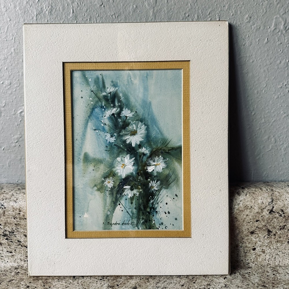 Sandra Dudek Original Painting Signed DAISIES Matted 8×10 Watercolor Acrylic VTG