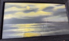 Atq Orig Gouache Painting Old Nocturne Yellow Sun/Moonlight Seascap Ocean Signed