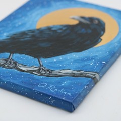 Original Oil Painting Raven, Crow Gold Moon, Black Bird Art on Canvas 8×10 inch.