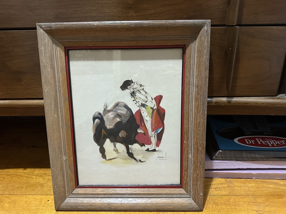 VTG MCM SIGNED ORIGINAL MATADOR BULL FIGHTING PAINTING by ARTIST CALINDOR MEXICO