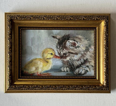 Original Oil Painting Kitten & Duckling Babby Animal Framed Wall Art