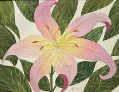 PAINTING WATERCOLOR 11X14 AND DOUBLE MAT 16X20 FLOWER LILY PINK YELLOW LAVENDER