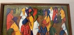 VTG Haitian Oil on Canvas Native Market Painting by Sonel 25 In X 21 In