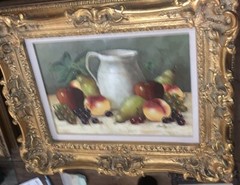 VTG Signed Arostegui Apples Still Life Pitcher Canvas Frame 19 3/8”T 23”W 2.75”D