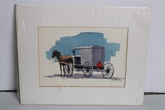 Vintage A. Soffer Unframed Amish Buggy Watercolor Painting, Crescent Board