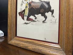 VTG MCM SIGNED ORIGINAL MATADOR BULL FIGHTING PAINTING by ARTIST CALINDOR MEXICO