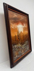 Vintage MCM Southwest Sunset w/ Desert Cactus Signed Framed Art Painting