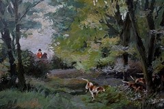 Hunting in Forestry ‘Fernie Hunt, Leicestshire’ Sam Marriott Oil Painting c1970s