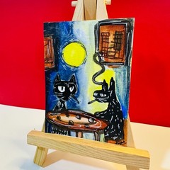 Black Cats Moonlight Night ACEO Original Abstract Folk Art Acrylic Painting OOAK
