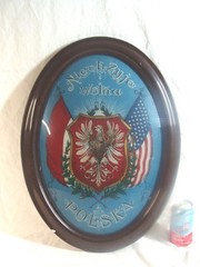 Antique 1920 Polish Reverse Paint Coat of Arms Flags Painting