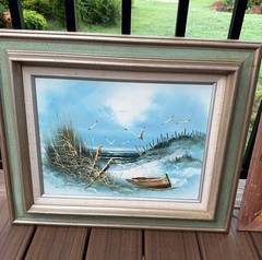 Pair Of Seaside Oil Paintings Light House Seagulls Beach Scenes 19 X 23, MCM VGC