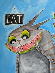 Cat Painting Original Collectible Tabby Ants Watermelon Folk Art Samantha McLean