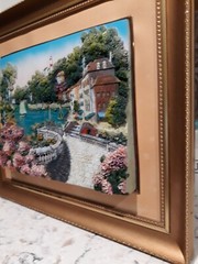 3D Embellished Ceramic Painting Canvas Coastal Portofino Framed 20×24″ Vintage