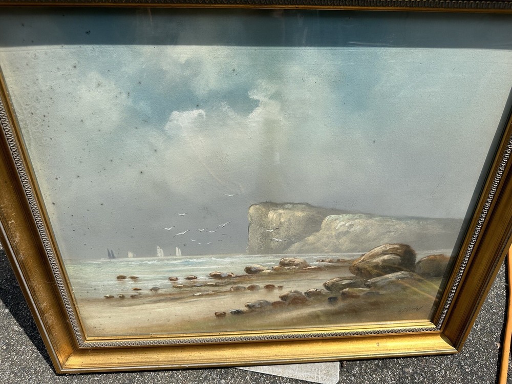 Edward T Gibbs Magnificent Antique Pastel Coastal Seascape Sailboats Painting