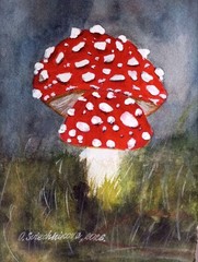 Original watercolor painting „RED BRIGHT FLY AGARIC“ miniature 18x13cm art gift.