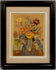 Vintage Impressionist Still Life Floral Watercolor „Bouquet in Cobalt Vessel“