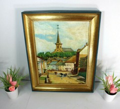Antique flanders school landscape church oil canvas painting