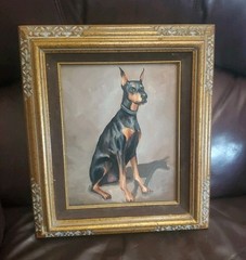 VTG Small Ornate Gold Wood Framed Oil Painting Doberman Pincher Barbara Brient