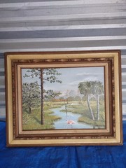 Florida Landscape Painting Palm Trees Flamingo By June Peters Signed Framed