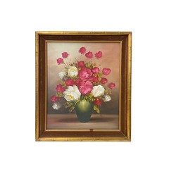 Oil Paint Canvas Art Pink White Blossom Roses Gold Color Frame Painting ws3453