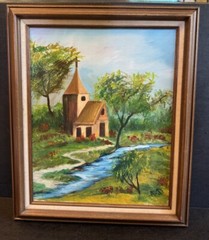 Vintage Original Oil Painting Cottage On A Creek Signed-AD See Pics 24”x20”