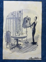 CHARLES ADDAMS drawing and painting on old paper signed stamped vintage