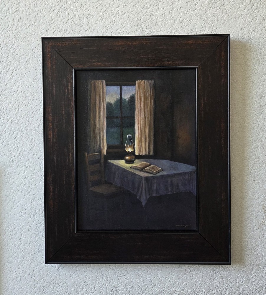 Original Framed Oil Lamp & Book Painting 12×16 Canvas (15×19) Cozy Interior Art