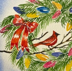 5”x7” Pamela Wilhelm Original Watercolor Christmas Wreath bow cardinal lights