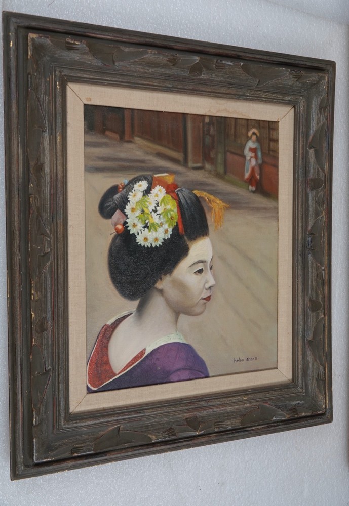 JAPANESE GEISHA GIRL OIL PAINTING ON CANVAS PERIOD FRAMED ARTIST HELEN SHARE