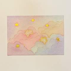 Illustration Watercolor Painting, Clouds, Stars & Sky Nature Theme, Unframed