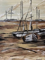 Dream Art Boats at the Marine Seascape Tan Brown Ocean Sea Painting Landscape