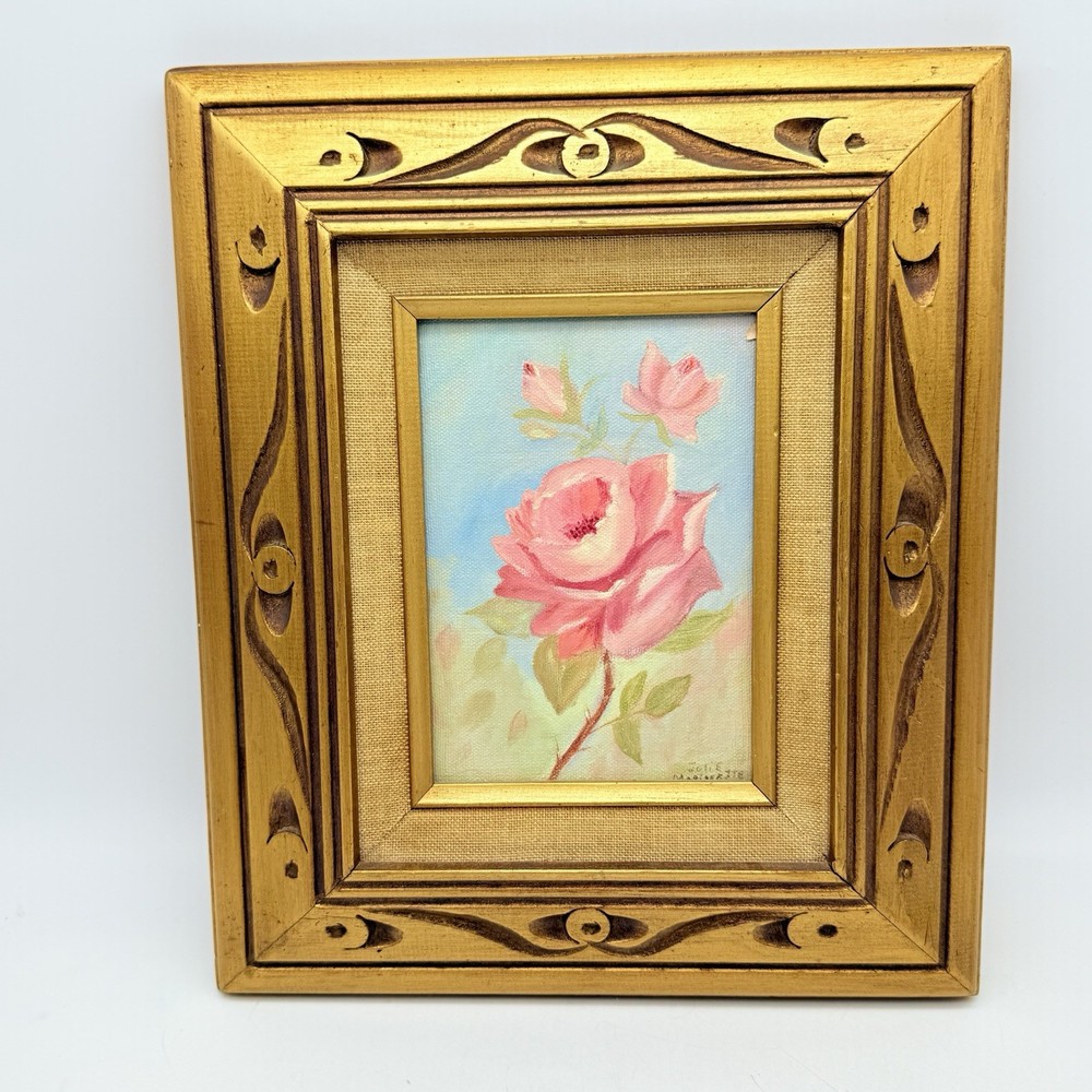 Vtg Signed Floral Oil Painting Light Pink Roses Bouquet in Gold Wooden Frame