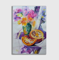 Watercolo painting Pumpkin Ukrainian painter Canvas Unframed original still life