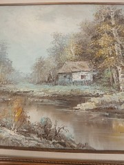 T. Azeen Signed original Oil On Canvas Framed 30″x27″ landscape house on stream