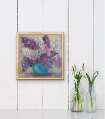 lilac original oil painting, bouquet of lilac in vase art, flower painting art