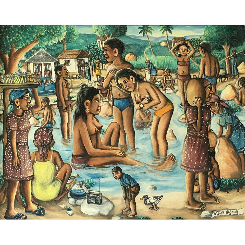 „A Boy and a Radio“ by Wilson Bigaud- Naive Haitian Art – 30 in x 24 in – Framed