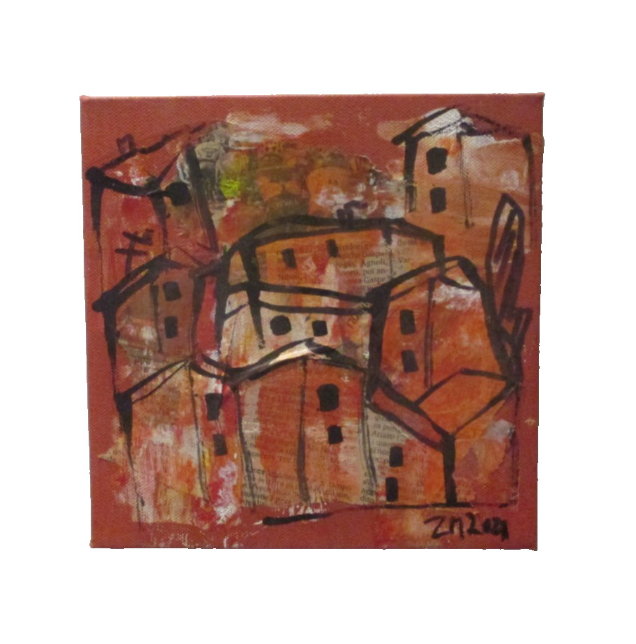 Italy collage with paper acrylic picture on canvas unique gouache city scene