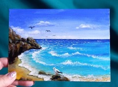 Original Acrylic Painting Seascape Seashore Surf Seagull Small Wall Art 5 x 7 in