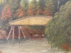 🔥 Antique Old American Southern Folk Art River Landscape Oil Painting, 1860s