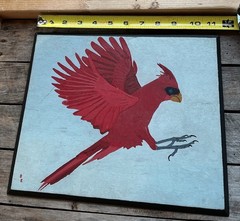 APPALACHIAN Outsider art Cardinal Bird Painting on Wood Signed Original 1950s