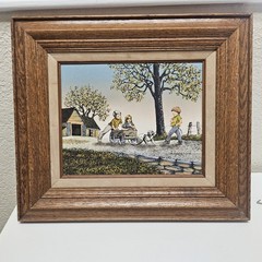 H. Hargrove Americana Framed Canvas Print Children Dog Barn Signed 11×13