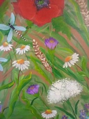 Painting Red Poppy Field of Flowers Dragonfly 16 x 20 Canvas Daisies Original