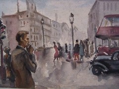 1940s London Cityscape Buildings Traffic Painting Charles Yeiser