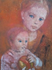 Mid-Century Mother and Child Female Portrait Painting, Original Framed Wall Art