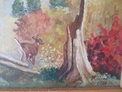 1968 Vintage OIL PAINTING DEER Woods Forest Trees Mountains Scenery in FRAME