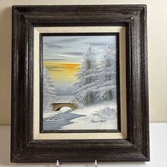 Original Oil Canvas Winter Landscape Snow Bridge Painting Frame Signed Barrister