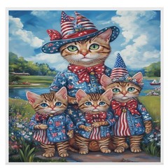 Americana Bengal Cat Family Canvas Wall Art with Kittens and Lake