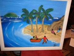 Mo H. artist; „Island Life with Visitors“ Acrylic on Linen Framed; outsider art.